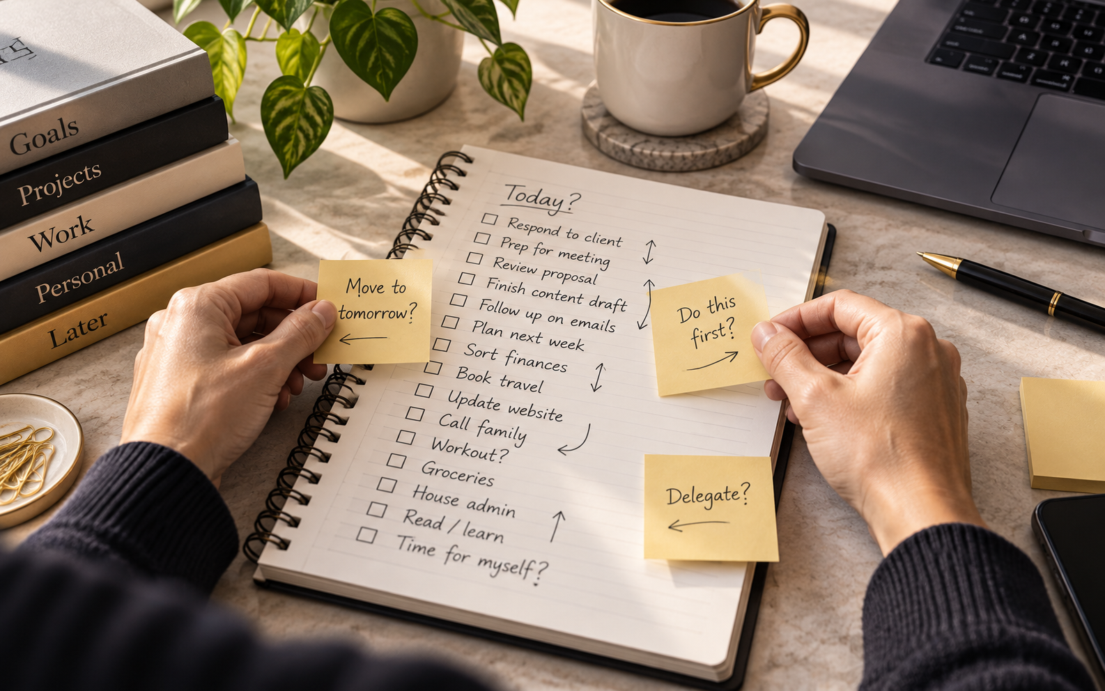 A person re-sorting a crowded to-do list with sticky notes, deciding what to move, do first, or delegate.