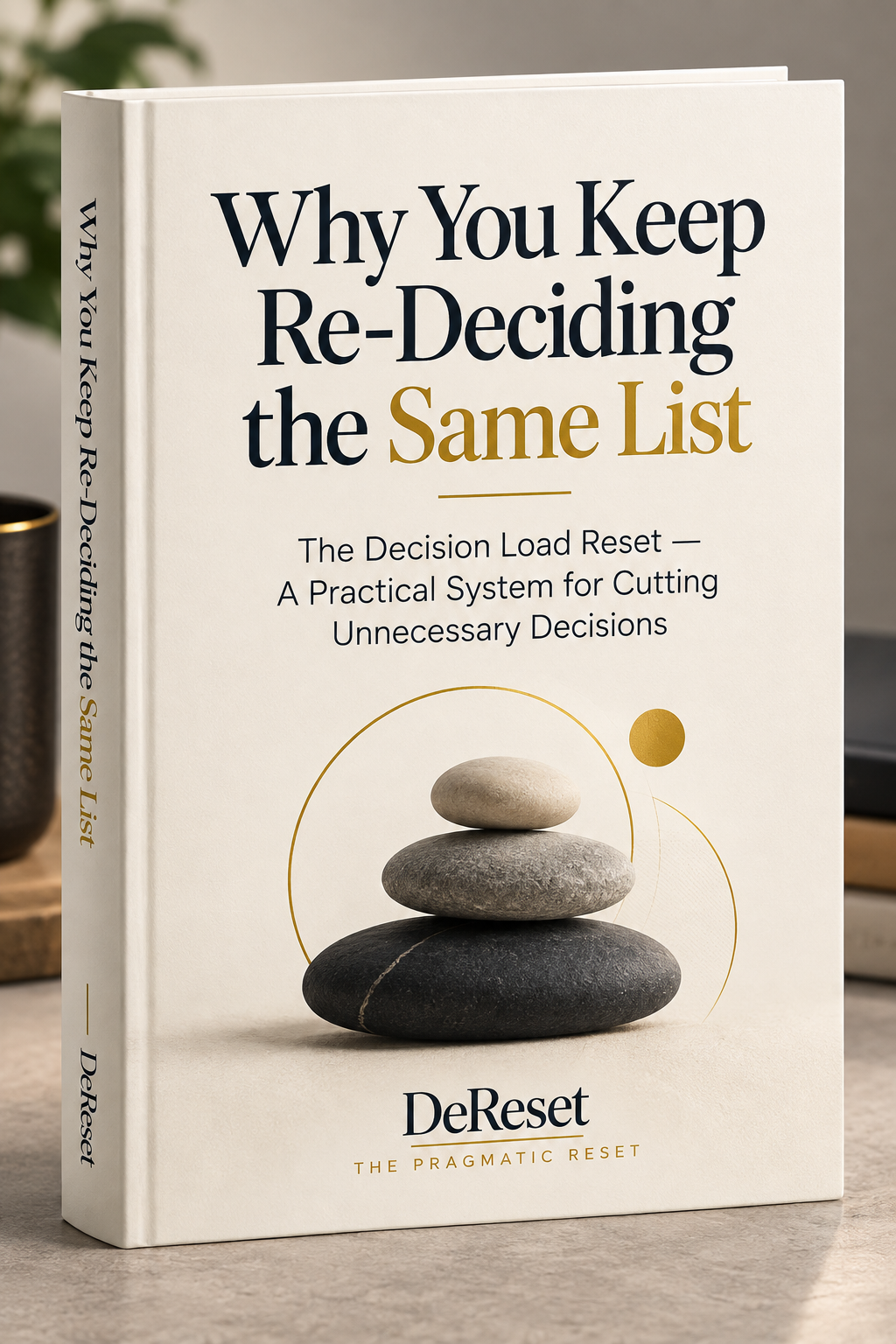 The Decision Load Reset core guide, hardcover mockup.