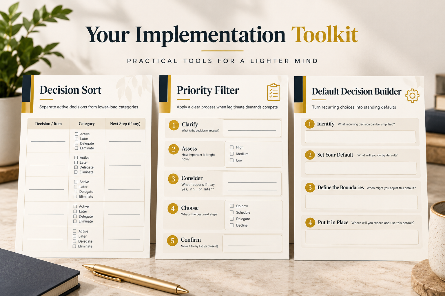 The Implementation Toolkit: Decision Sort, Priority Filter, and Default Decision Builder worksheets shown together.